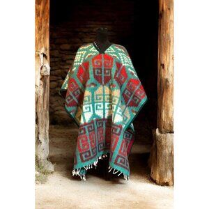 Vtg Traditional Artisan Poncho Southwestern Mexico Geometric Pattern Acrylic